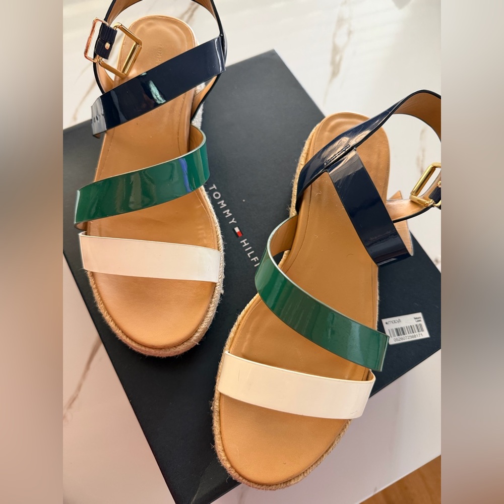 Tommy Hilfiger Green, Navy & Cream Strappy Espadrille Sandals